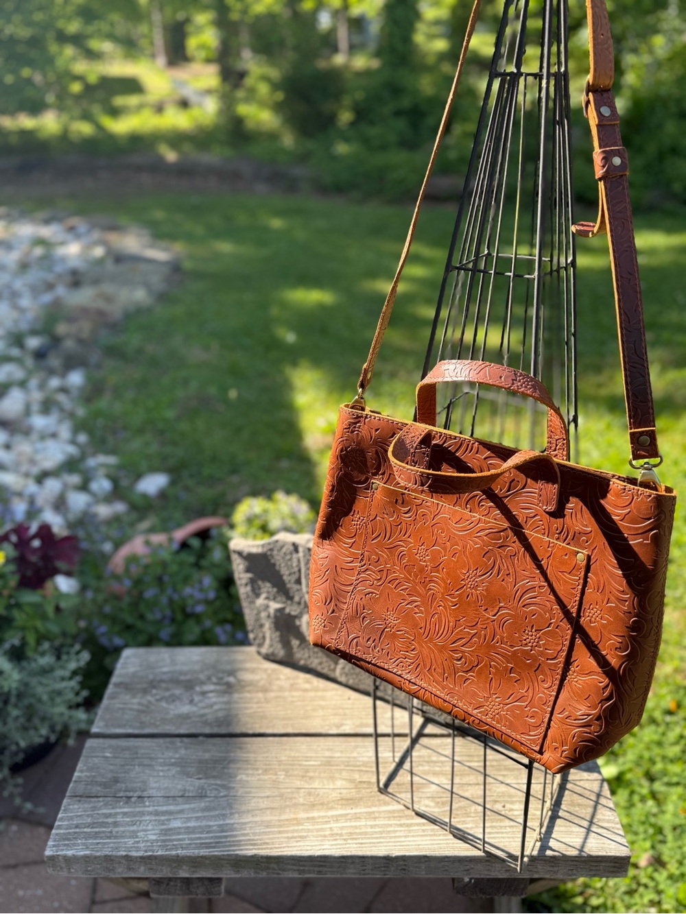 Embossed Brown Leather Tote Bag with Adjustable Strap